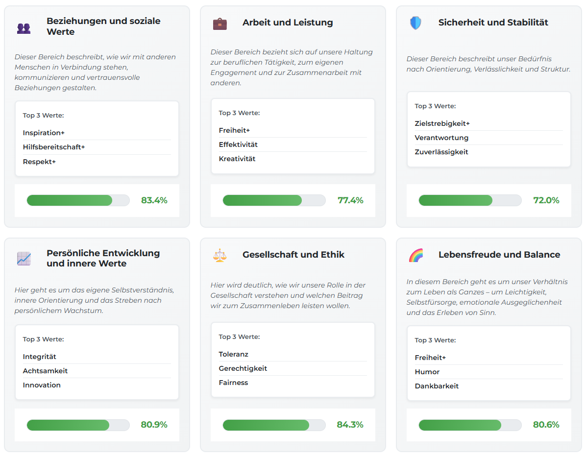 Auswertung Team-Wertetest - die Lebensbereiche